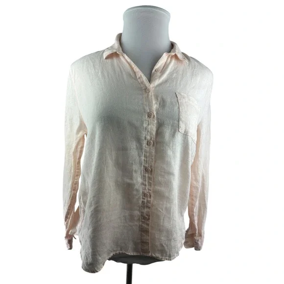 Garnet Hill Linen Button Up Pocket Shirt Light Pink Sheer Long Sleeve Size 12 - Picture 3 of 16